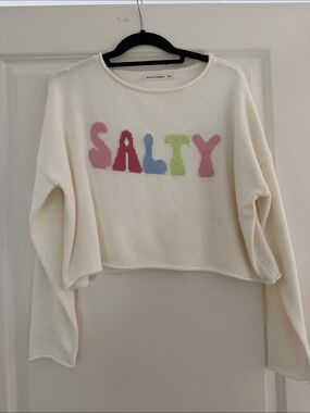 moon & madison Cream Cropped 'SALTY' Knit Sweatshirt with Pastel Lettering